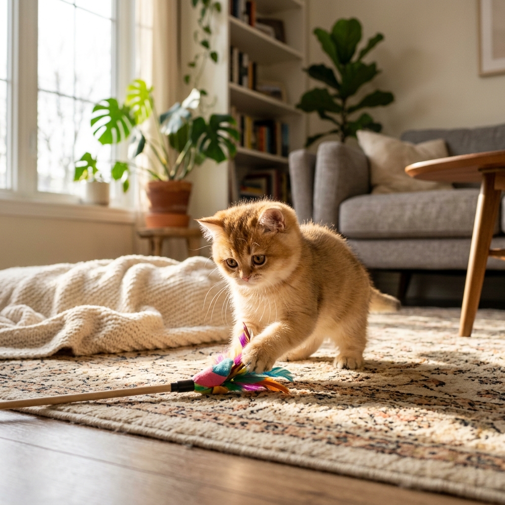 Playful kitten exploring a warm home environment safely